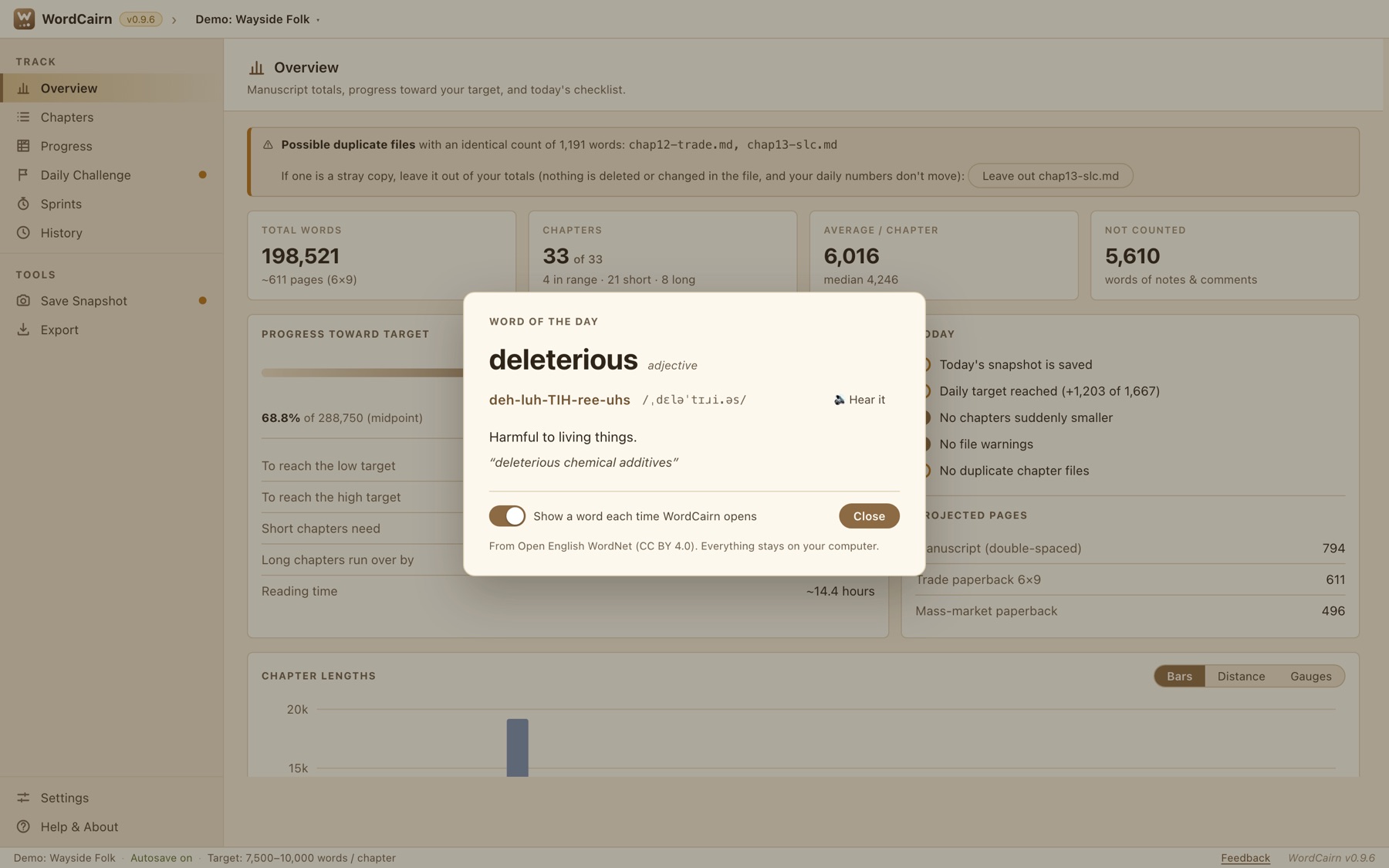 WordCairn's word of the day card, showing the word 'deleterious' with its pronunciation and definition